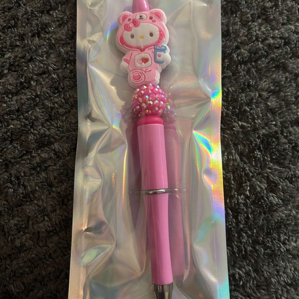 Hand Crafted Cute pink  hello kitty dressed as care bear Pen
